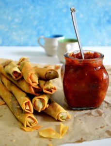 Appetizer spinach and cheese filo cigars