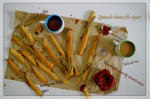 Appetizer spinach and cheese filo cigars